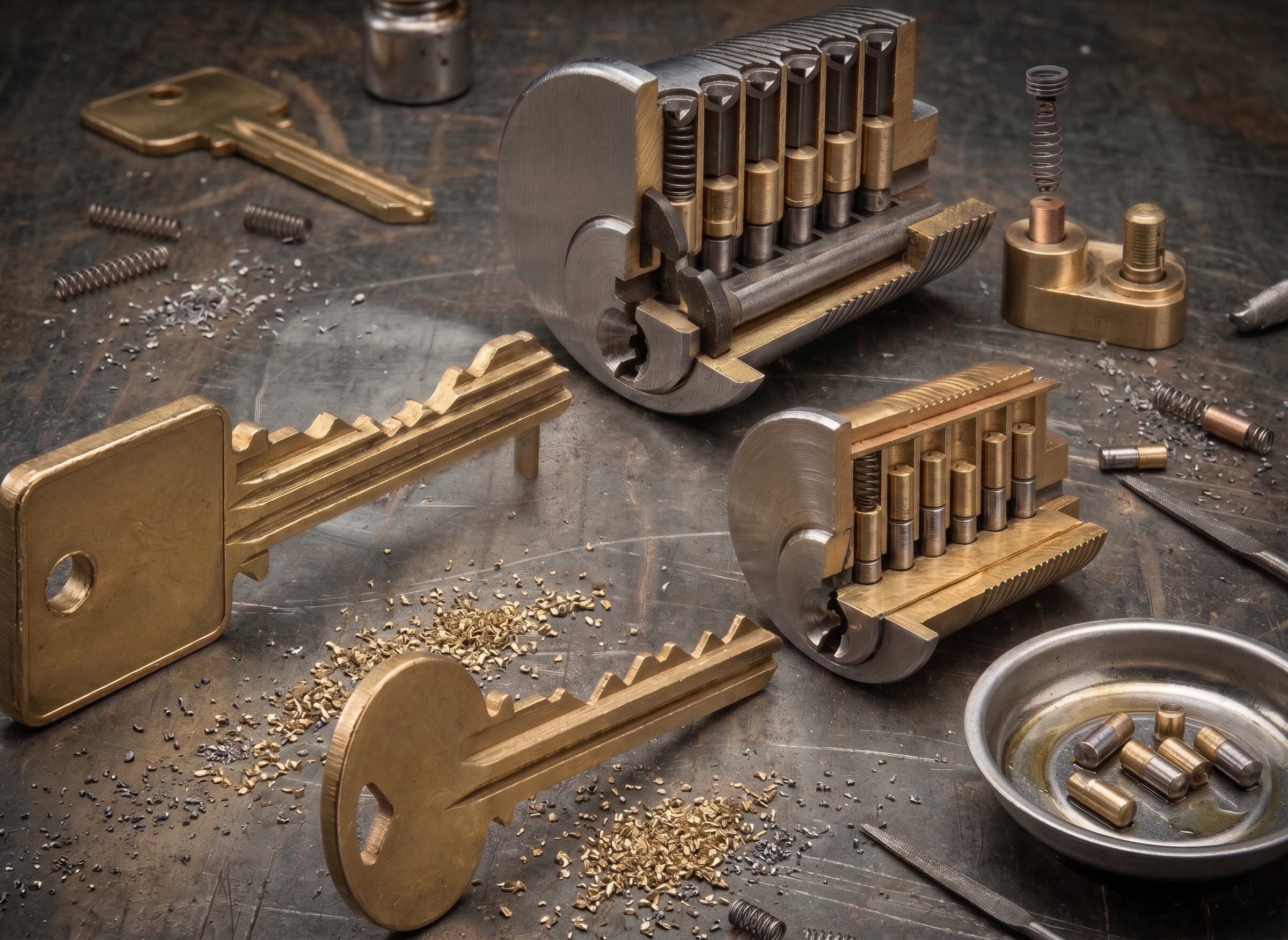 Brass lock cylinders and oversized keys laid out on a dark workshop bench