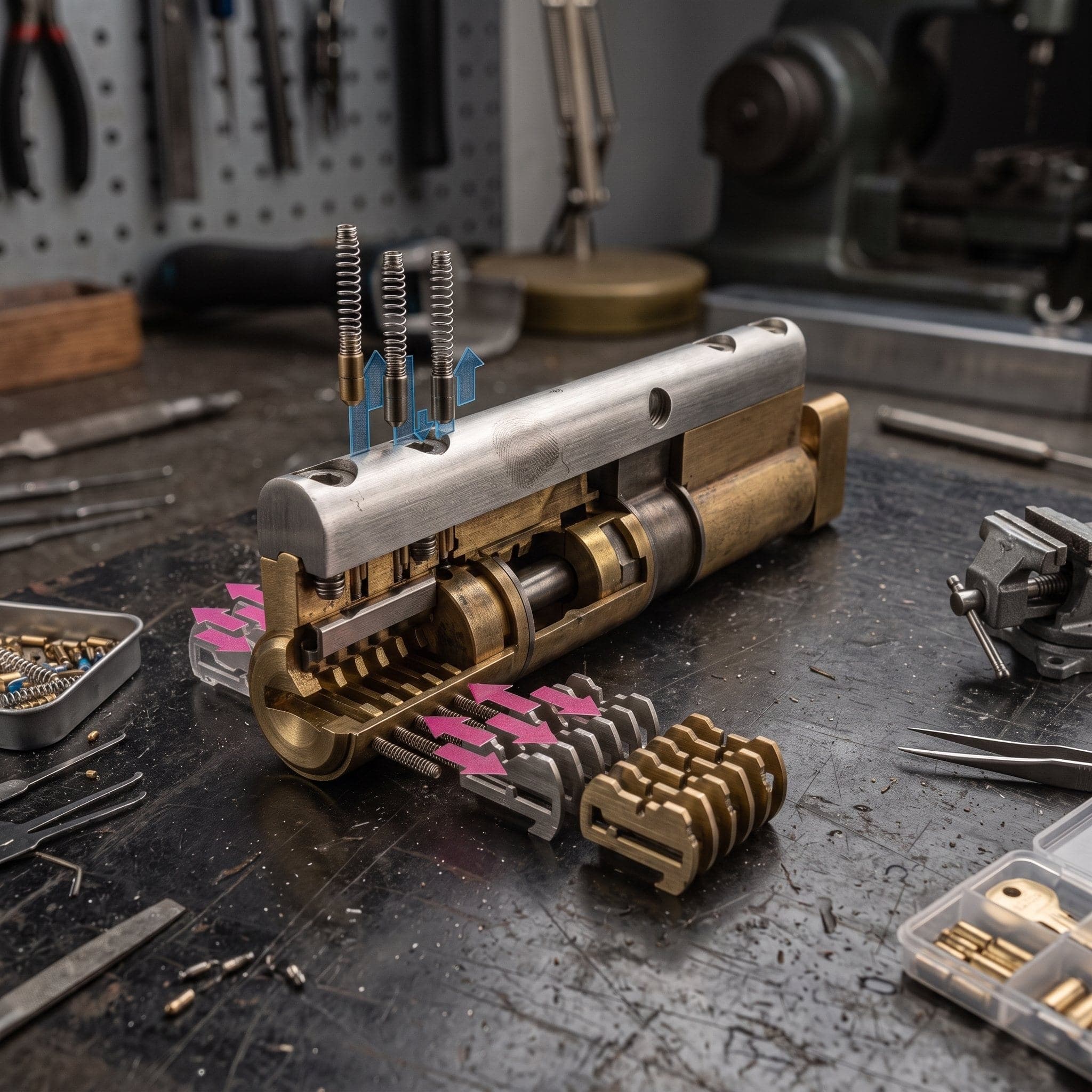 The LAK Locksmith workbench: cutaway cylinders, pins and tools