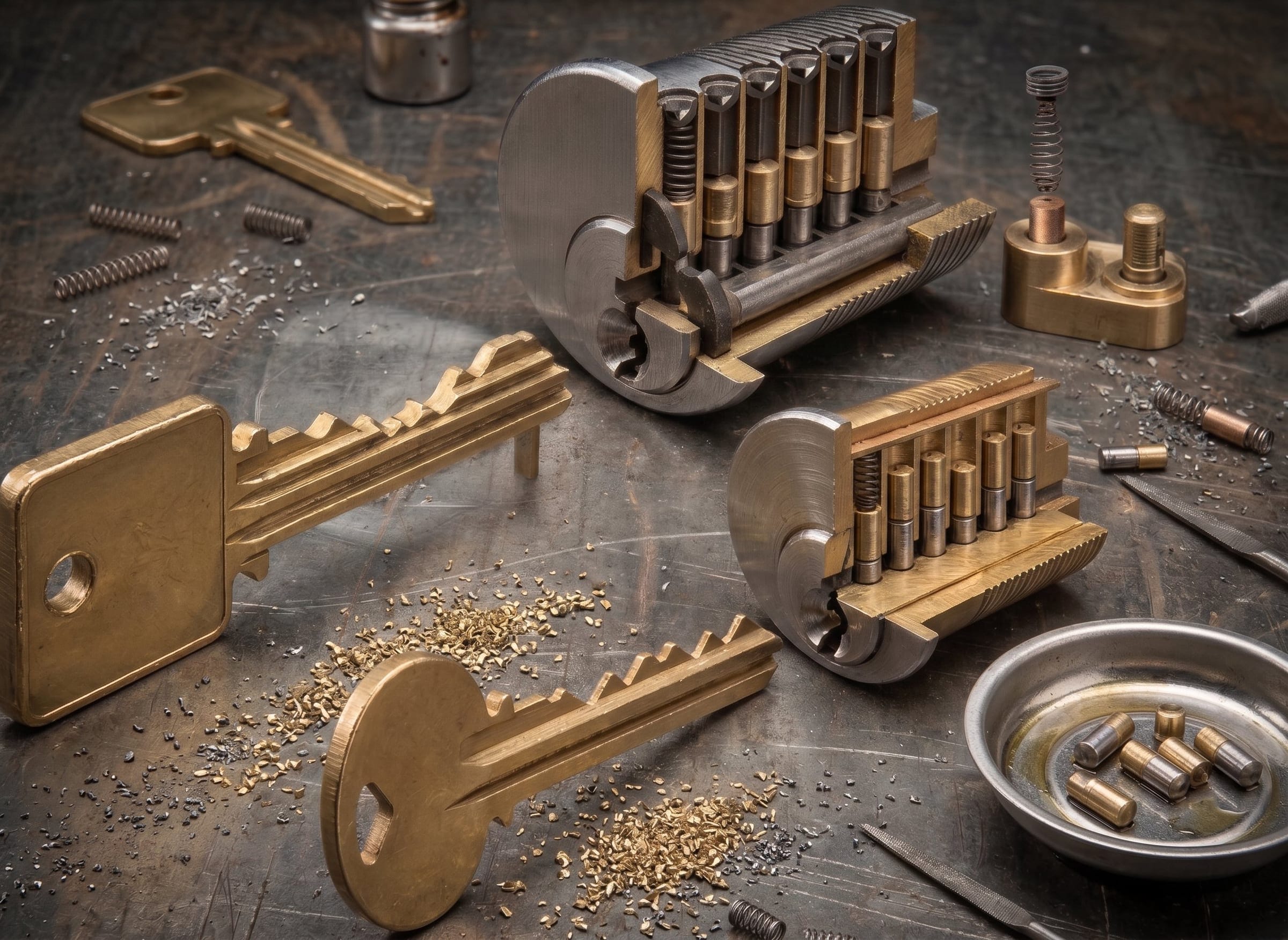 Brass lock cylinders and oversized keys on a dark workshop bench