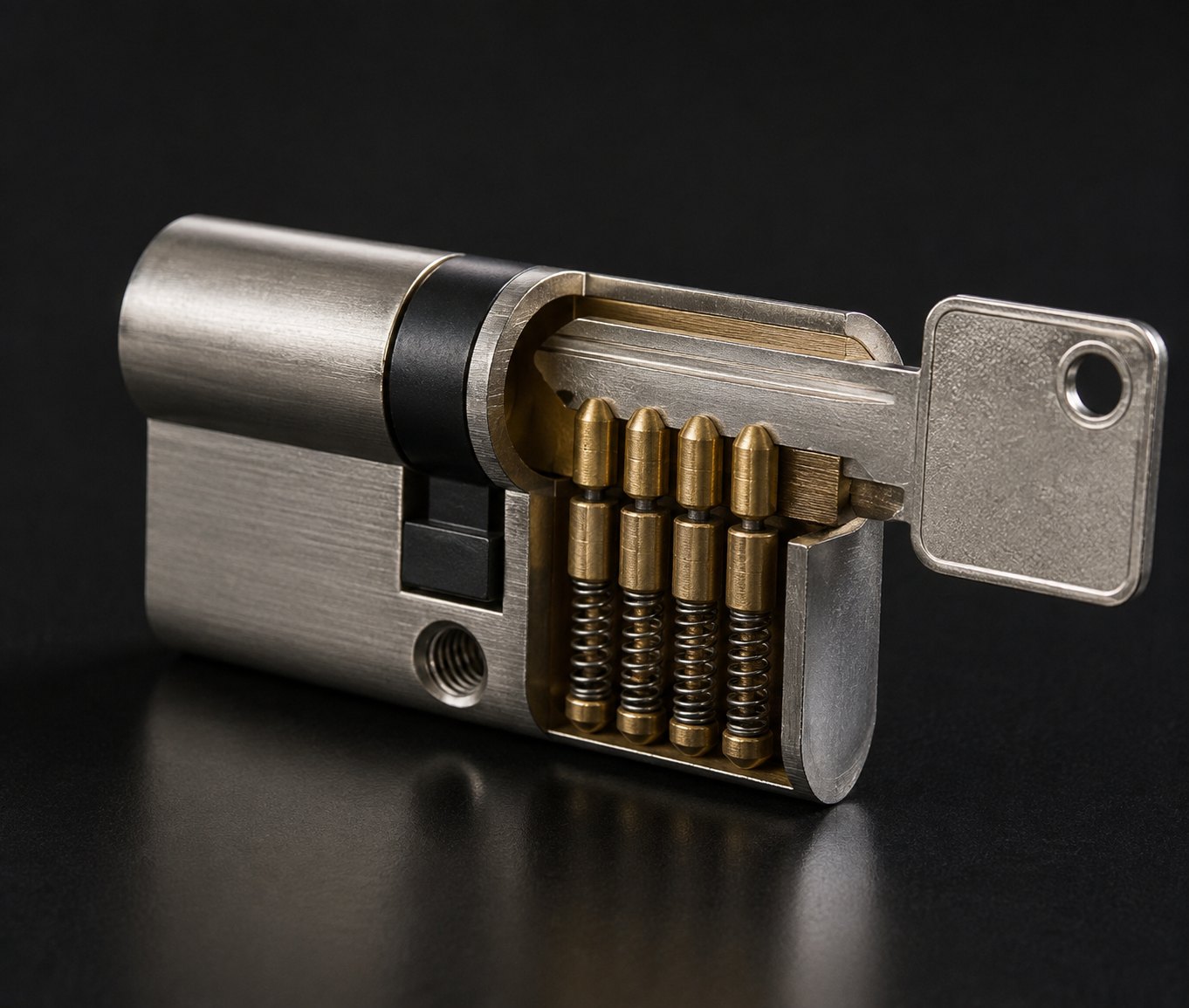 Cutaway lock cylinder showing the brass pins and springs with a key inserted